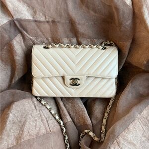 CHANEL Cream Beige Chevron Quilted Double Flap Bag Small GHW